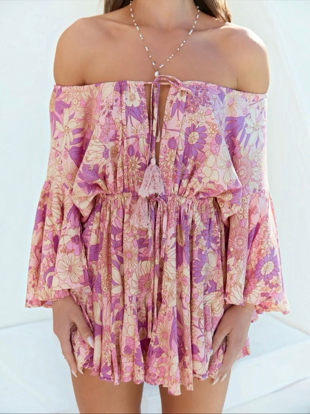One and Only Collective 70s Retro Boho Festival Floral Bell Sleeve Romper Small